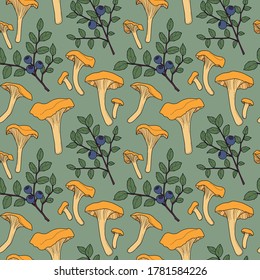 Seamless pattern with chanterelle mushrooms and blueberry bushes. Hand-drawn vector illustration. Turquoise background