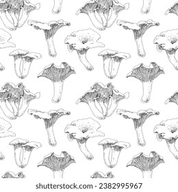 Seamless pattern of chanterelle mushrooms drawn with graphics in grey and white by vector. For poster, fabric, sketchbook cover, print.