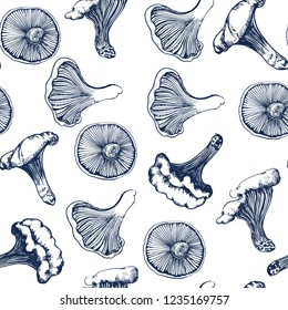 seamless pattern with chanterelle mushrooms , engraved style , vector