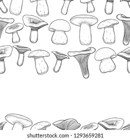 seamless pattern with chanterelle mushrooms, engraved style, vector