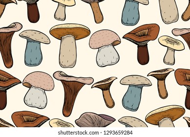 seamless pattern with chanterelle mushrooms, engraved style, vector
