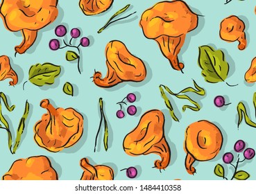 Seamless pattern with chanterelle mushrooms, forest, leaves, wild berry