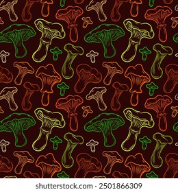 Seamless pattern of chanterelle mushrooms in line art style, line, autumn, harvest, vector