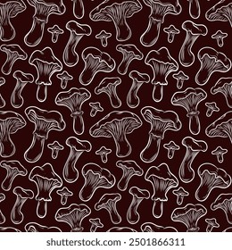 Seamless pattern of chanterelle mushrooms in line art style, line, autumn, harvest, vector