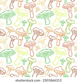 Seamless pattern of chanterelle mushrooms in line art style, line, autumn, harvest, vector