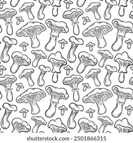 Seamless pattern of chanterelle mushrooms in line art style, line, autumn, harvest, vector