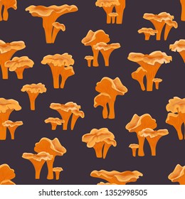Seamless pattern. Chanterelle mushrooms on a blue background. Forest mushrooms. Realistic vector for wrapping paper, cards, banners and backgrounds.