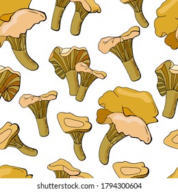 Seamless pattern with chanterelle mushrooms on white isolated background. Autumn motives. Endless texture for your design.