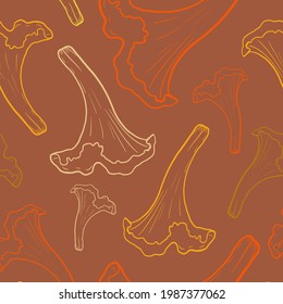 Seamless pattern of chanterelle mushrooms on an orange background. Forest, mushroom print for textiles in doodle style. Vector illustration.