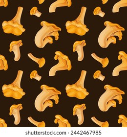 Seamless Pattern with chanterelle mushrooms on a dark background. Vector background with cartoon forest fungi.