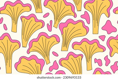 Seamless pattern with chanterelle mushrooms. Retro 1970 style groovy psychedelic vector background 