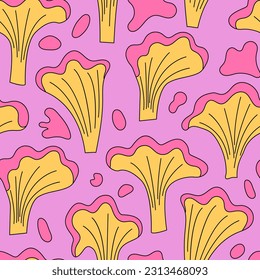 Seamless pattern with chanterelle mushrooms. Retro 1970 style groovy psychedelic vector background 