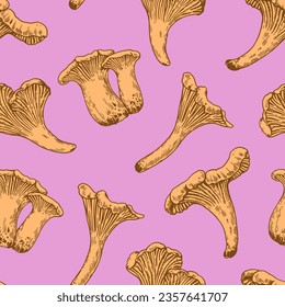 Seamless pattern with chanterelle mushrooms in retro engraving style. Vintage detailed hand-drawn print for design and textile.