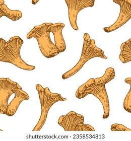 Seamless pattern with chanterelle mushrooms in retro engraving style. Vintage detailed hand-drawn print for design and textile.