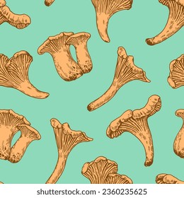 Seamless pattern with chanterelle mushrooms in retro engraving style. Vintage detailed hand-drawn print for design and textile.