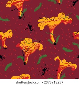 Seamless pattern with chanterelles and moss on brown background 