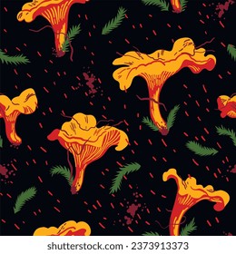 Seamless pattern with chanterelles and moss on black background 