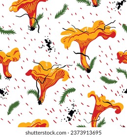 Seamless pattern with chanterelles and moss on white background 