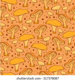 Seamless pattern with chanterelles mushrooms on yellow background