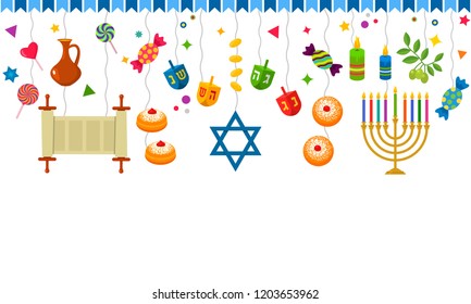 seamless pattern for the Chanukah festival of lights. Traditional symbols - dreidel, donuts, menorah, sweets, star of David. flat vector illustration isolated on white background