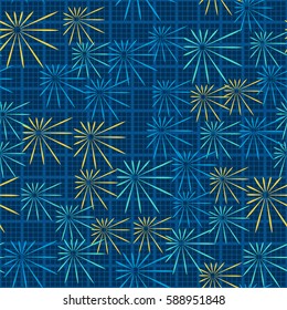 Seamless pattern. Chaos of asymmetric stars. Checkered background. Grungy textiles. Wallpaper for children.
