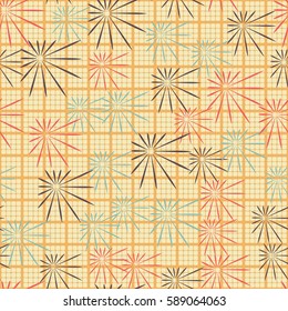 Seamless pattern. Chaos of asymmetric stars. Checkered background. Grungy textiles. Wallpaper for children.