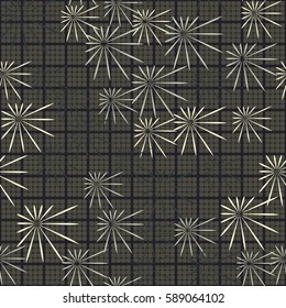 Seamless pattern. Chaos of asymmetric stars. Checkered background. Grungy textiles. Wallpaper for children.