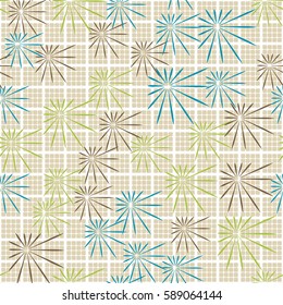 Seamless pattern. Chaos of asymmetric stars. Checkered background. Grungy textiles. Wallpaper for children.