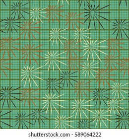 Seamless pattern. Chaos of asymmetric stars. Checkered background. Grungy textiles. Wallpaper for children.