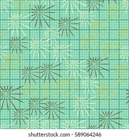 Seamless pattern. Chaos of asymmetric stars. Checkered background. Grungy textiles. Wallpaper for children.