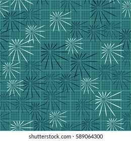 Seamless pattern. Chaos of asymmetric stars. Checkered background. Grungy textiles. Wallpaper for children.