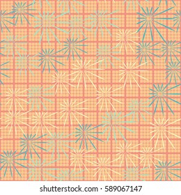 Seamless pattern. Chaos of asymmetric stars. Checkered background. Grungy textiles. Wallpaper for children.