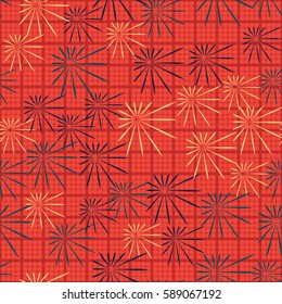 Seamless pattern. Chaos of asymmetric stars. Checkered background. Grungy textiles. Wallpaper for children.