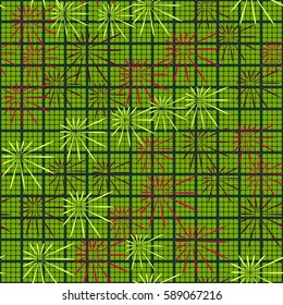 Seamless pattern. Chaos of asymmetric stars. Checkered background. Grungy textiles. Wallpaper for children.
