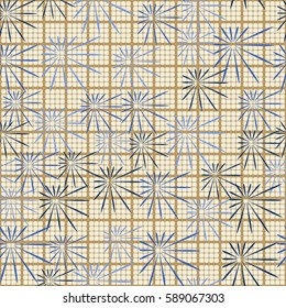 Seamless pattern. Chaos of asymmetric stars. Checkered background. Grungy textiles. Wallpaper for children.