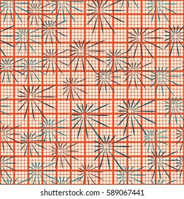 Seamless pattern. Chaos of asymmetric stars. Checkered background. Grungy textiles. Wallpaper for children.