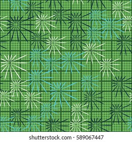 Seamless pattern. Chaos of asymmetric stars. Checkered background. Grungy textiles. Wallpaper for children.