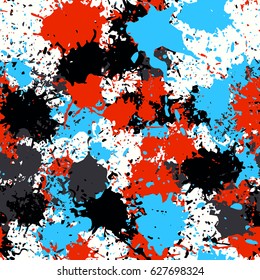 Seamless pattern. The chaos of spots and splashes. Fashionable camouflage. Black, red, blue, white.