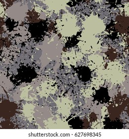 Seamless pattern. The chaos of spots and splashes. Fashionable camouflage. Beige, black, gray, pale green.