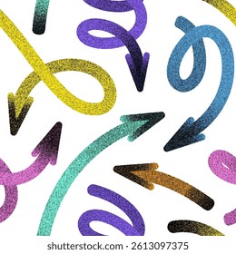 Seamless pattern of  chaotic arrangement of colorful  textured arrows pointing in various directions on a white background.