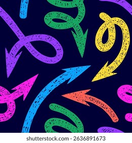 Seamless pattern of  chaotic arrangement of colorful  hand drawn arrows pointing in various directions on a dark background.