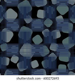 Seamless pattern. Chaotic background of rounded squares. Checkered foreground. Fashionable drawing. Children's textiles. Grunge style. Flat.