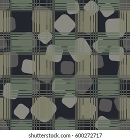 Seamless pattern. Chaotic background of rounded squares. Checkered foreground. Fashionable drawing. Children's textiles. Grunge style. Flat.