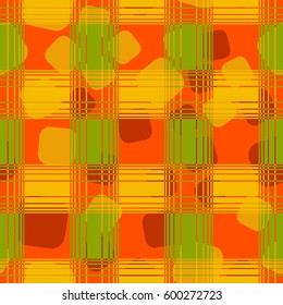 Seamless pattern. Chaotic background of rounded squares. Checkered foreground. Fashionable drawing. Children's textiles. Grunge style. Flat.