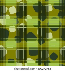 Seamless pattern. Chaotic background of rounded squares. Checkered foreground. Fashionable drawing. Children's textiles. Grunge style. Flat.