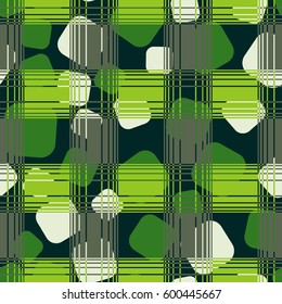 Seamless pattern. Chaotic background of rounded squares. Checkered foreground. Fashionable drawing. Children's textiles. Grunge style. Flat.