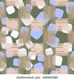 Seamless pattern. Chaotic background of rounded squares. Checkered foreground. Fashionable drawing. Children's textiles. Grunge style. Flat.