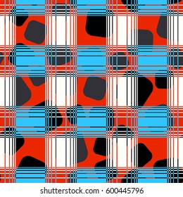 Seamless pattern. Chaotic background of rounded squares. Checkered foreground. Fashionable drawing. Children's textiles. Grunge style. Flat.