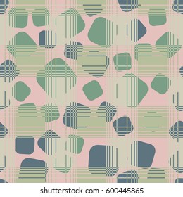 Seamless pattern. Chaotic background of rounded squares. Checkered foreground. Fashionable drawing. Children's textiles. Grunge style. Flat.