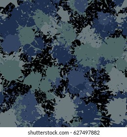 Seamless pattern. Chaotic blots and splashes of different colors. Fashionable camouflage. Blue, gray-green, black.